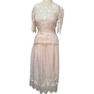 Vintage Womens 80s 2 PC Pink 100% Linen Dress Set Top & Skirt Lace Appliqués 4